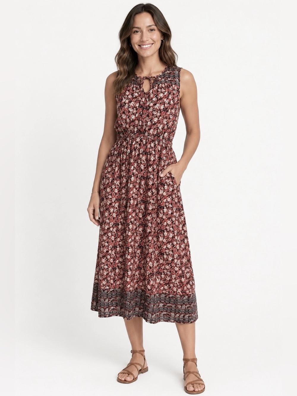 Lucky Brand  Floral Print Midi Dress ditsy flower boho retro lightweight size L